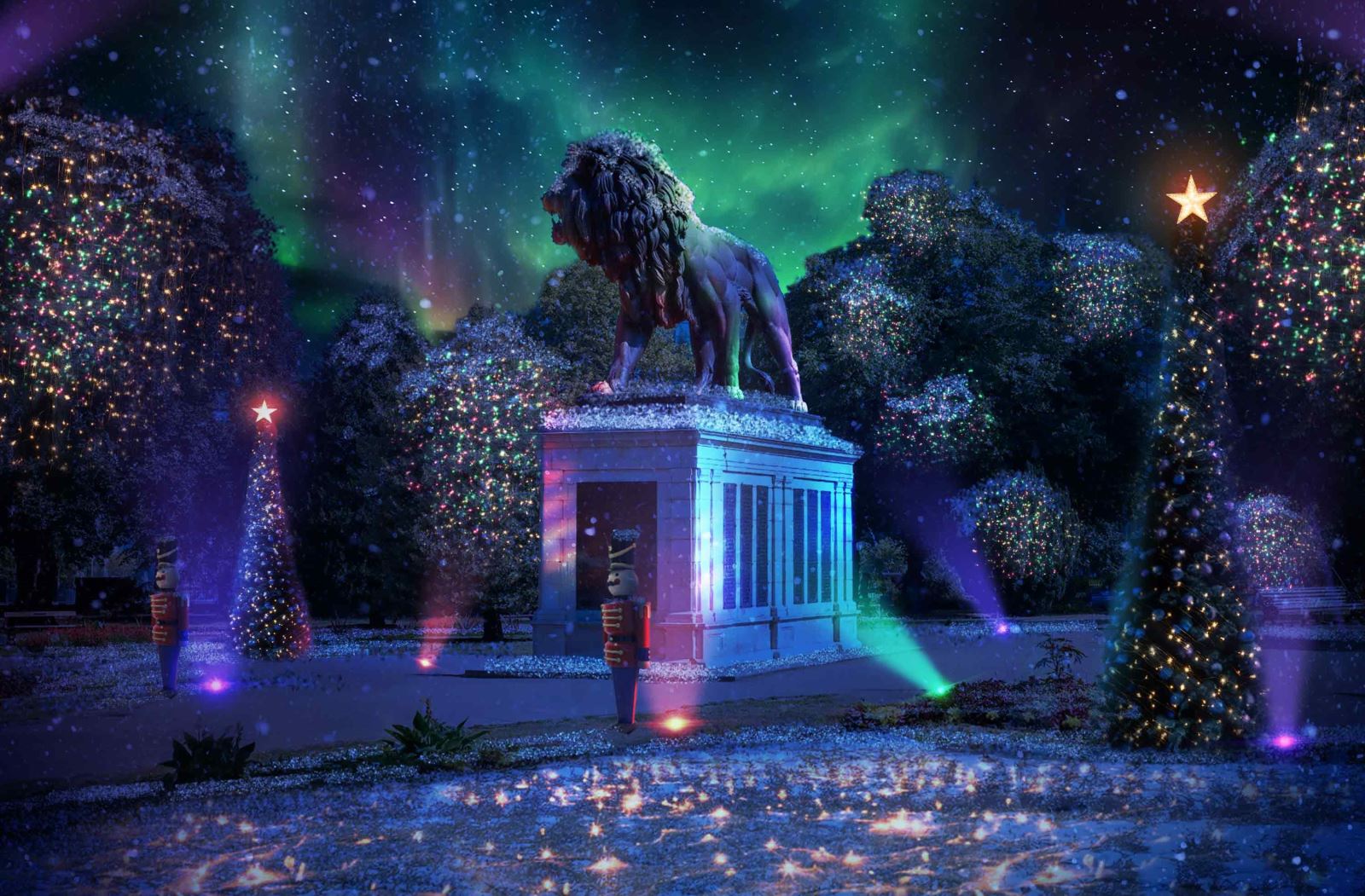 Maiwand Lion statue in Forbury Gardens, Reading lit up at night 